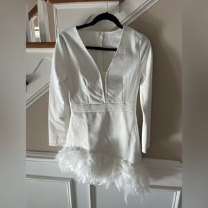 White Long Sleeve Dress with Feather Hem